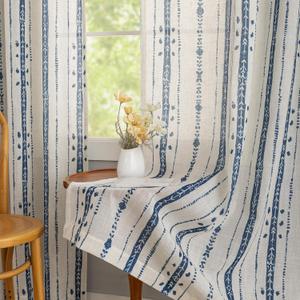 Boho Linen Curtains 2 Panels Set, Farmhouse Semi Privacy Curtains for Living Room, 90 Inches Long Rustic Country Drapes Added Blue Bohemian Line Printed for Home Decor, W52 X L90,Navy Blue