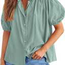 PRETTYGARDEN Women's 2026 Summer Button Down Shirts Short Lantern Sleeve V Neck Cotton Cute Tops Dressy Casual Blouses (S)