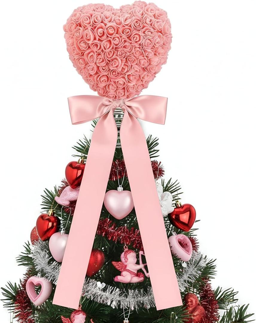 Soulchen Valentine Day Tree Topper 11.8 Inch Heart Tree Topper with Bow Rose Valentines Trees Ornaments Decorations for Valentine's Day Wedding Holiday Party Supplies(Pink)