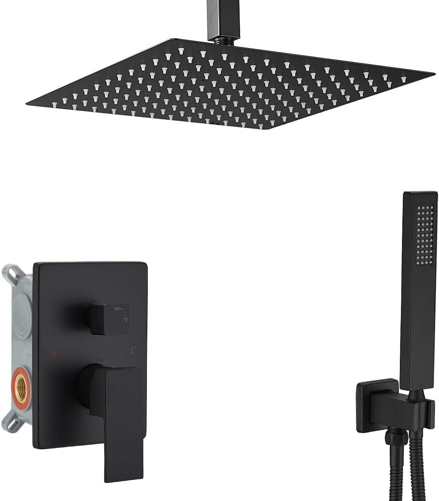 Ceiling Mounted Rain Shower Faucet Set, 16-Inch Ceiling Rainfall Shower Head with Handheld Spray Contain Rough-in Valve and Trim Included, Matte Black