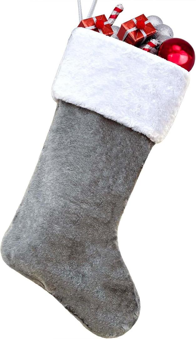 Grey Christmas Stocking Soft Faux Fur Xmas Stocking Personalized Fireplace Hanging Stockings Classic Christmas Stockings for New Year Party Decorations Family Holiday Party Supplies (Grey and White)