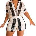 VOIKERDR Shorts Sets Women 2 Piece Outfits Crochet Hollow Out Shirt and Shorts Summer Vacation Beach Clothes, Small