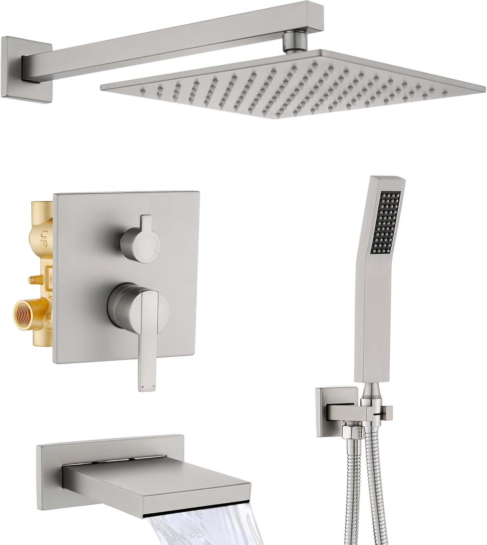 Shower System with Tub Spout, All Metal Bathtub Shower Faucet Set with High Pressure 10 Inch Rain Shower Head and Handheld Shower Head Set, Brushed Nickel (Valve Include)