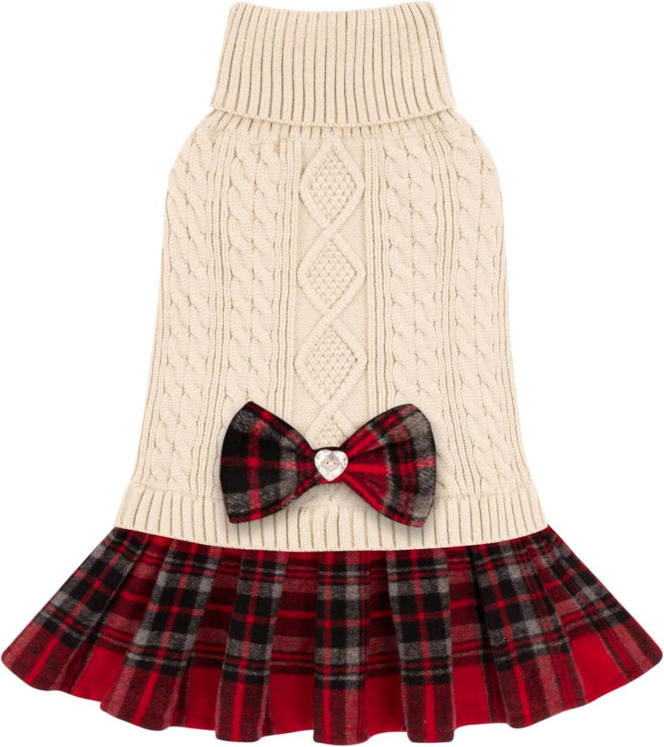 KYEESE Dog Sweater Stretchy Cat Sweaters Knitwear Dog Sweaters for Small Dogs Girl Soft Turtleneck Pet Sweater Dress Warm Pullover Pet Coats Thick Dogs Clothes with Bowtie for Cold Weather Winter (Large13-19lbs, 01# Beige)