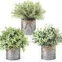 Mkono Small Fake Plants in Farmhouse Galvanized Metal Pots 3 Pack Potted Artificial Plant Eucalyptus for Laundry Room Bathroom Shelf Table Decor (Grey)