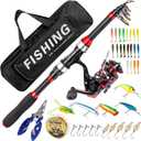 I00000 Fishing Rod and Reel Combos with Fiberglass Telescopic Fishing Pole - Spinning Reel Fishing Carrier Bag, Freshwater and Saltwater Fishing Rod Kit,Travel Fishing Kit for Bass Trout