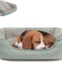 Miguel Faux Linen Dog Bed with Removable Cushion Pillow for Medium Small Dogs, Washable Pet Bed with Side Easy to Wash Puppy Bed, Rectangle Cat Bed for Indoor Cat with Anti-Slip Bottom, Green 30 Inch