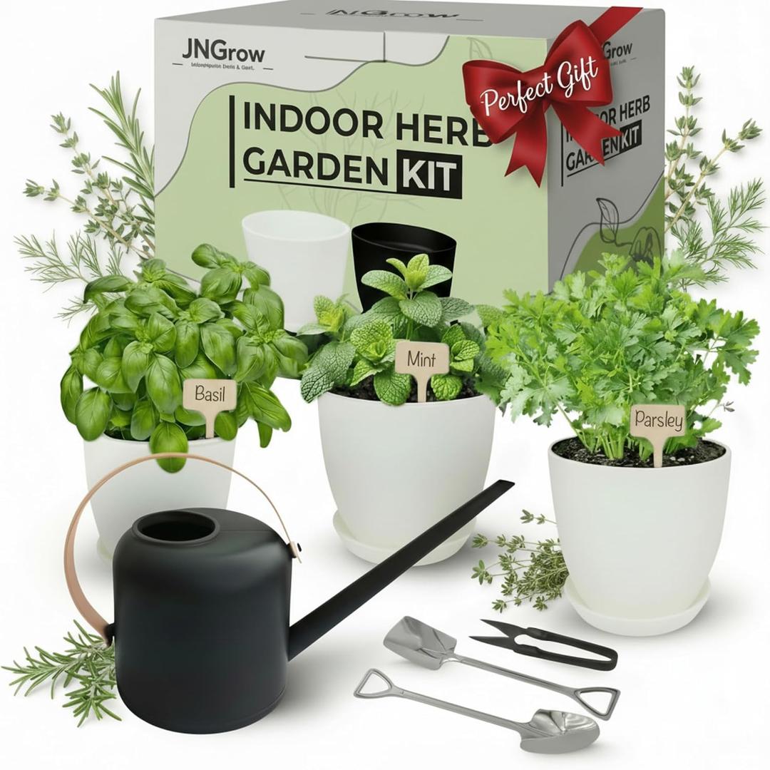 Indoor Garden Kit - Plant Pots with Drainage, Watering Can & Tools - Ideal Windowsill Planter Set - Modern Home & Kitchen Decor Gift - White