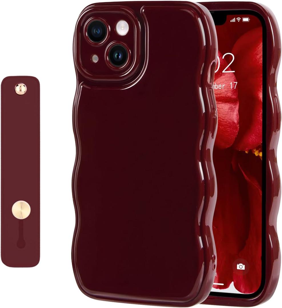 NITITOP Compatible with iPhone 13 Case Cute Simple Wave Design Stylish Wavy Curly Frame with Wrist Adjustable Hand Strap Kickstand Grip Holder Soft Silicone Protective Cover - Wine Red