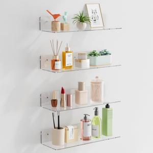 HANGE 4-Pack Clear Acrylic Floating Shelves, 12" Invisible Wall Mounted Shelves  Space-Saving Storage for Kids Books, Bathroom, Bedroom, Kitchen, Living Room  Modern Display Organizer