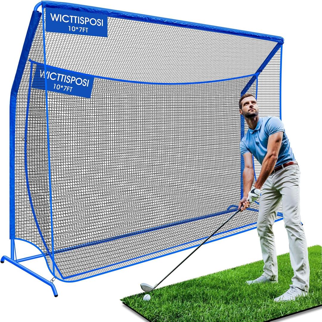 Golf Hitting Net with Extra Striking Net, 10x7ft Heavy Duty Golf Practice Nets for Golfers Backyard Driving Swing, Golf Impact Cage Metal Frame with Storage Bag&Elevated Base, Indoor Outdoor Use