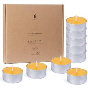 50-Pack Pure Beeswax Tealight Candles in Aluminum Cups - 4-5 Hour Burn Time, Lead-Free Cotton Wick, Natural Unscented Candles (Raw)