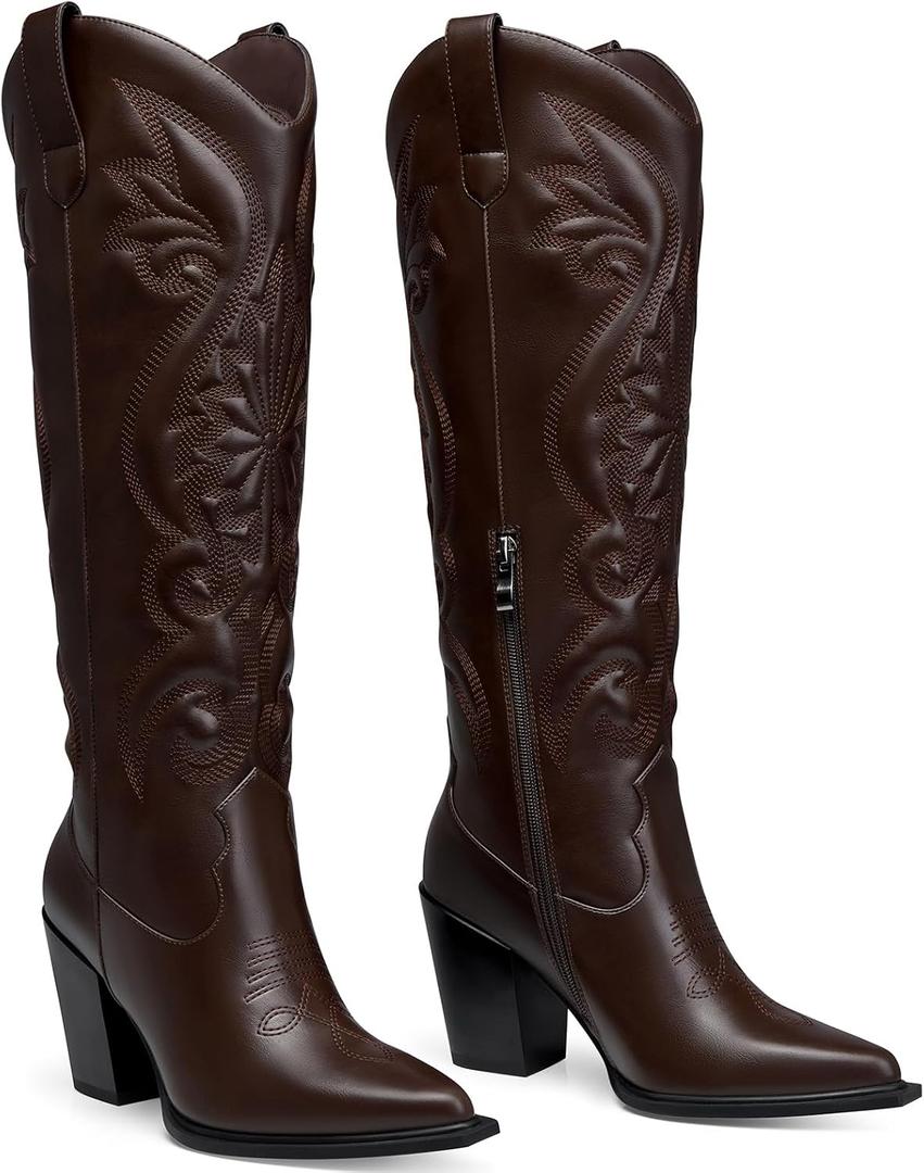 CELLENZ Women High Cowboy Boots: 3.5 Inch Chunky Heels Cowgirl Boot, Pointed Toe Trendy Knee High Boots, Wide Calf Comfortable Embroidered Western Tall Boots Size 9.5