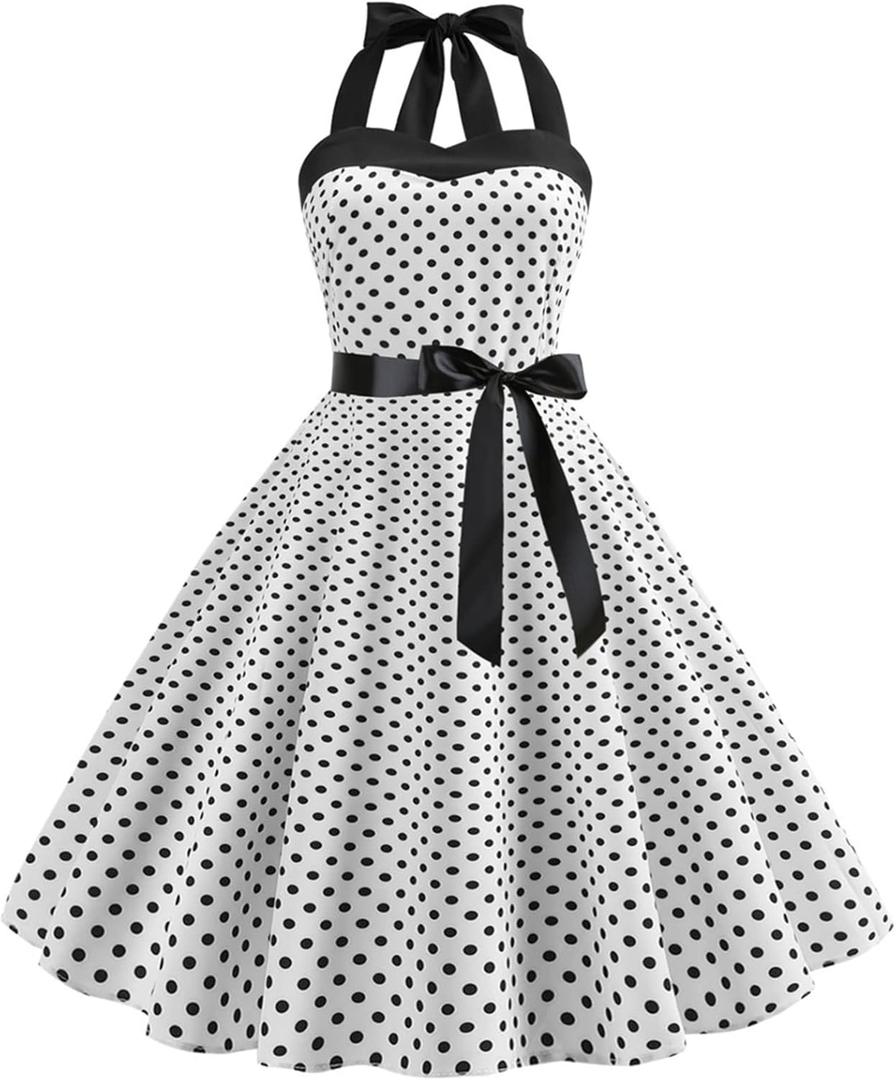 Women Vintage Polka Dot 1950s Rockabilly Halter Audrey Dress Retro Floral Evening Cocktail Swing Dress, Medium