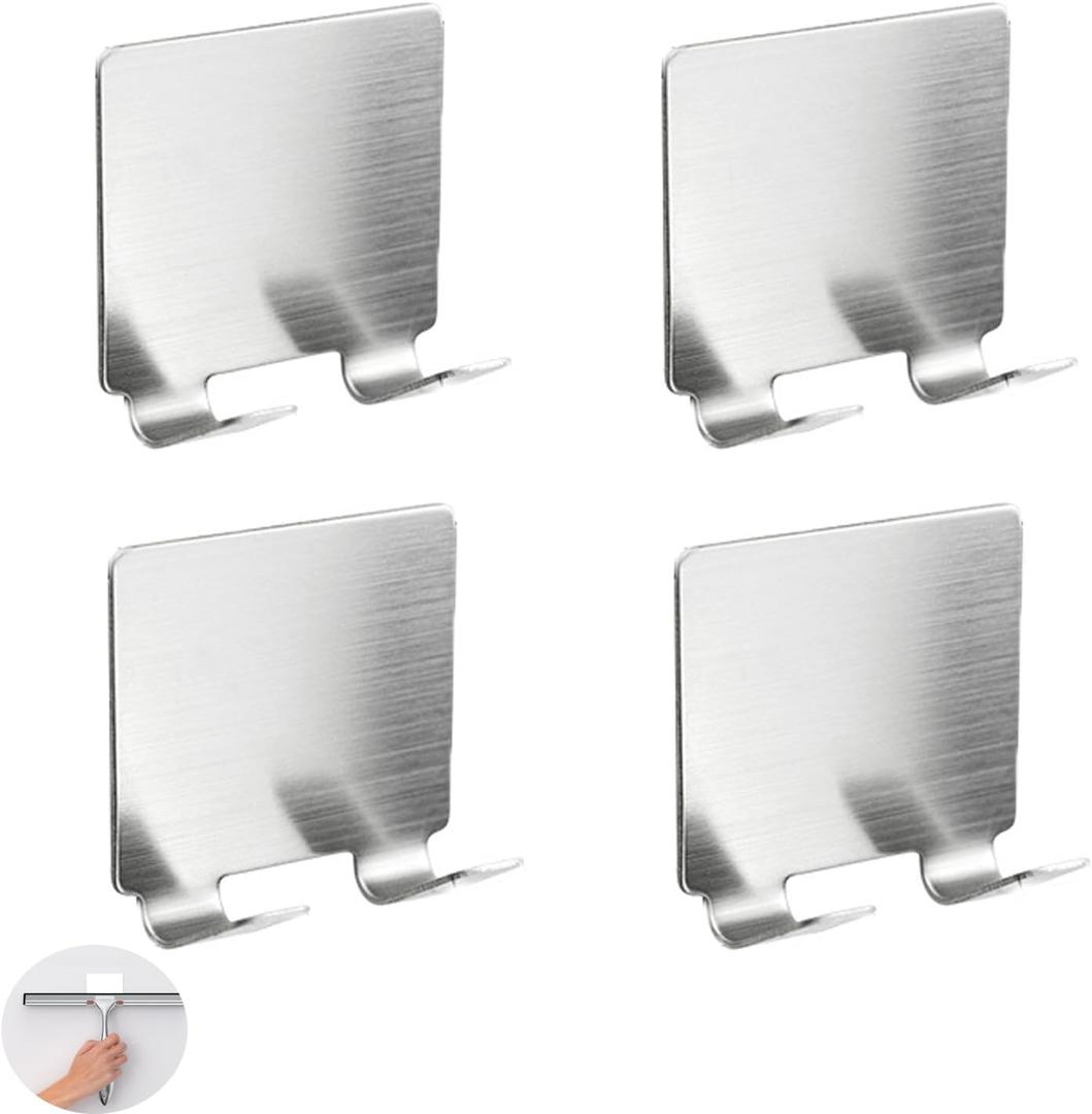 4 Pack All-Purpose Stainless Steel Squeegee Holder Shower Door Hooks Towel Hooks Hanger Organizer for Bathroom Shower Glass Doors Squeegee Cleaner Tool