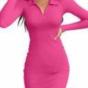 Valiamcep Women's Dress Long Sleeve V Neck Collared Ribbed Knit Bodycon Mini Pencil Dresses (Pink, L)