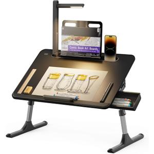 Laptop Table with LED Desk Light, SAIJI Laptop Stand for Bed, Height Adjustments Bed Desk with Book Stand for Reading Writing Drawing (Black)