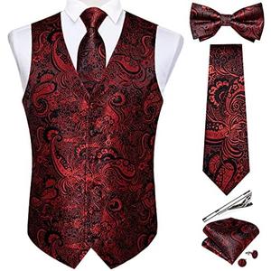 DiBanGu Men's Silk Paisley Vest and Necktie Set 6PCS Pre-tied Bow Tie Formal Waistcoat for Wedding Party S