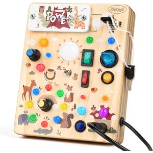 Joyreal Wooden Busy Board with LED Light, Montessori Toddler Toys, Wooden Sensory Board, Toddlers Activity Travel Toys for Boy & Girl Birthday Gift (Forest Theme)