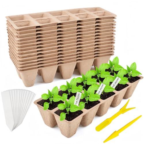 Sayehuanye 480 Cells Seed Starter Tray 48 Packs Biodegradable Peat Pots Germination Trays Organic Seed Starting Trays kit with 48 Labels 2 Transplant Tools