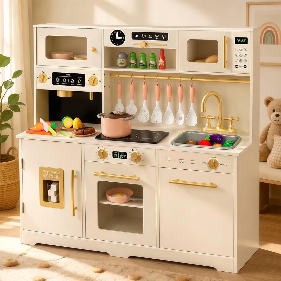 Wooden Play Kitchen for Toddler, Toy Kitchen Set for Kids Pretend with 41 Pcs Toy Food & Cookware Accessories, Kitchen Playset Gift for Boys and Girls Ages 3+, 43"l X 40"h
