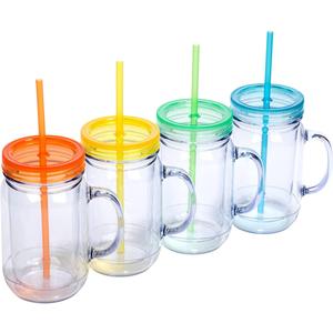 Plastic Mason Jars with Handles, Lids and Straws | 20 oz Double Insulated Tumbler with Straw | 4 Pack Set of 4 | Wide Mouth Mason Jar Mugs | Cups for Kids and Adults, 12 Piece Set