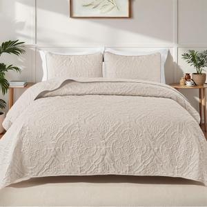 Exclusivo Mezcla Quilts King Size Bedspread with 2 Pillow Shams, Lightweight Brich Beige King Quilt Bedding Set with Vintage Damask Pattern, Soft Bedspreads Coverlets for All Seasons