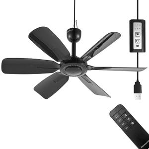 17.7" Inch Portable Ceiling Fan with Remote Control Timing 3 Speed,USB Plug In,5V DC Powered,6 Blades,Indoor/Outdoor RV Camping Tent Canopy,Gazebo,Beach,Hanging,Quiet,black