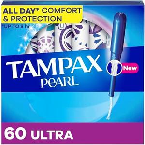 Tampax Pearl Tampons, with LeakGuard Braid, Ultra Absorbency, Unscented, 60 Count