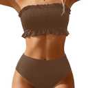Tempt Me Women Bandeau High Waisted Bikini Sets Smocked Swimsuit Strapless Two Piece Bathing Suit (M,Brown)