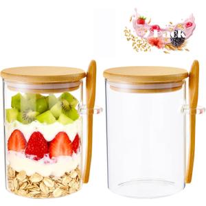 Overnight Oats Containers With Lids and Spoons, 2pack Glass Jars with Bamboo Lids, Leak-Proof Overnight Oats Jars for Cereal, Yogurt, Chia Pudding