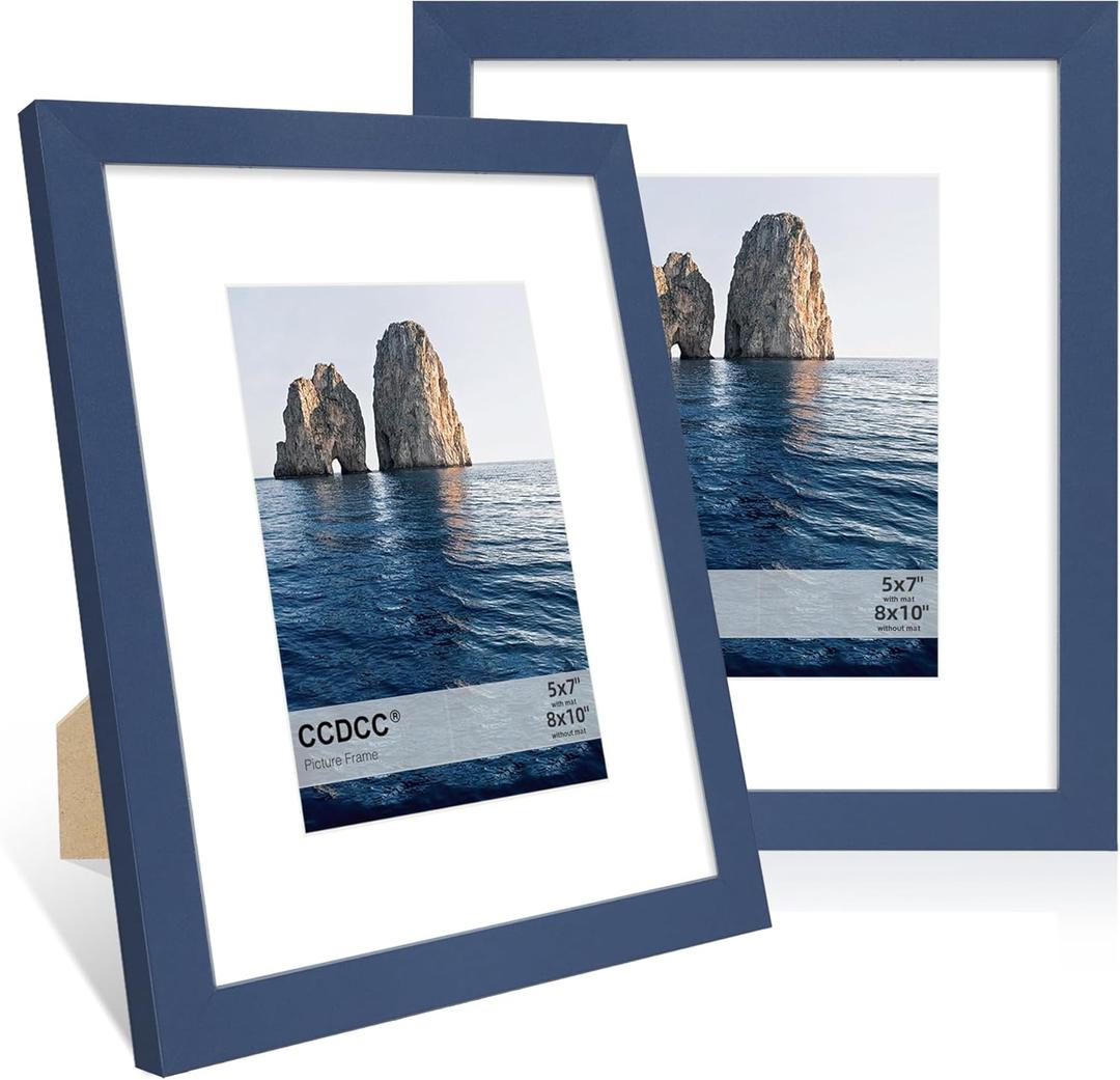 8x10 Picture Frame Set of 2, 8 x 10 Wood Photo Frames with Mat for 5x7, Natural Wooden Frame with Real Glass Cover for Wall and Tabletop Display,Blue