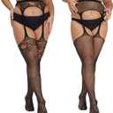 MANZI Plus Size Stockings Thigh High Fishnet Stockings Suspender Patterned Tights for Women (Pack of 2) (Black, S)
