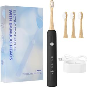 Bamboo Electric Toothbrush for Adults, Electric Toothbrush with 4 Bamboo Heads, Soft Castor Oil Bristles, 5 Modes, Smart Timer, Sonic Technology, IPX7 Waterproof, 70-Day Battery Life-Black