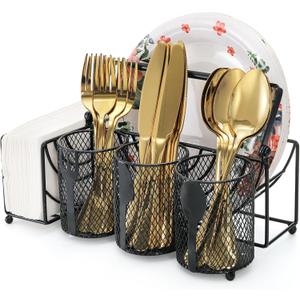 Metal Utensil Caddy with 5 Compartments, Black Mesh Silverware Caddy Organizer, Flatware Storage Holder for Napkins, Plates, Party, Camping, Picnic, Buffet, RV, BBQ, Kitchen, Countertop