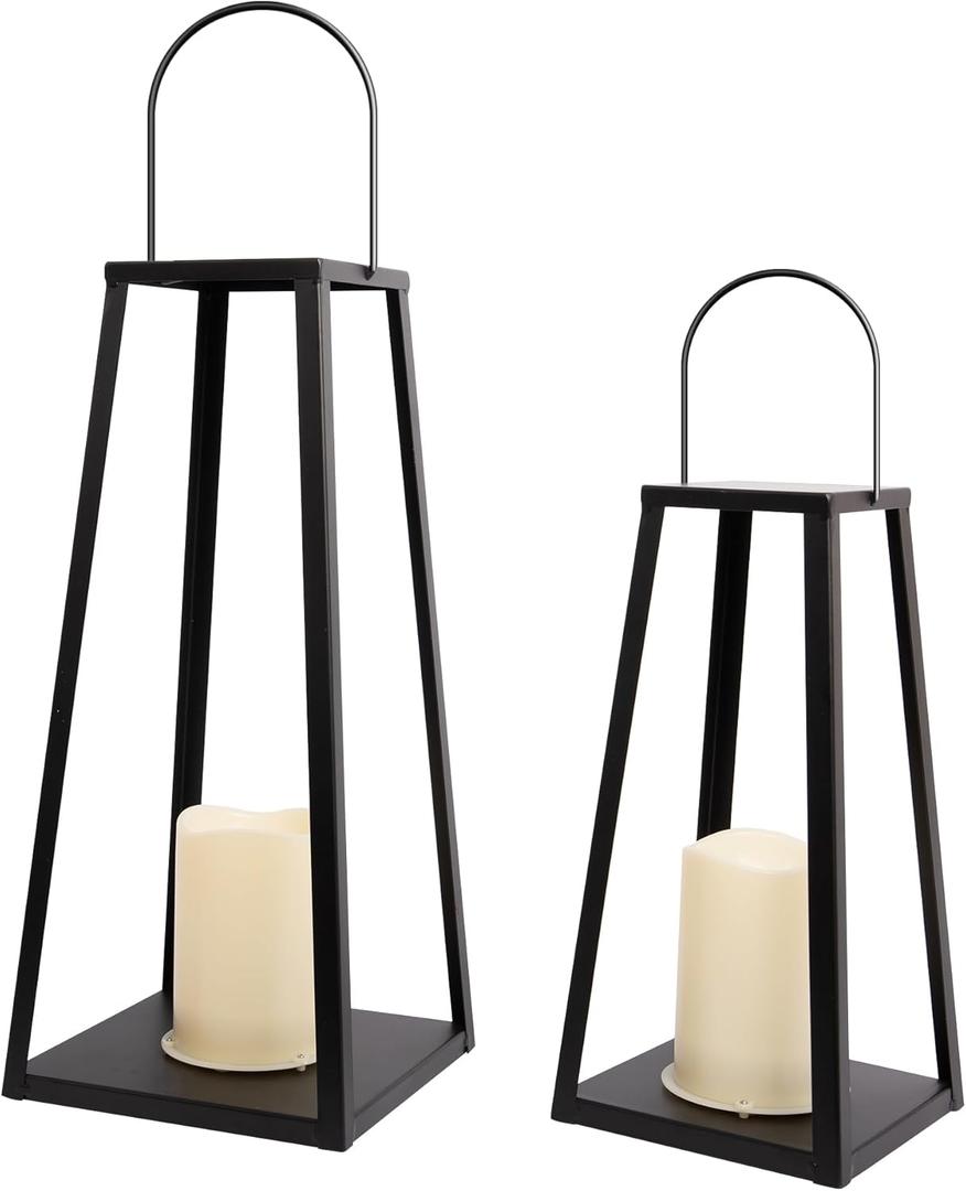 HPC Decor 2PCS Solar Lanterns for Outdoor Decor-20in 15.6in Black Metal Candle Lanterns w/ Waterproof Solar Powered Candles- Modern Farmhouse Hanging Decor for Front Porch,Yard Garden Patio