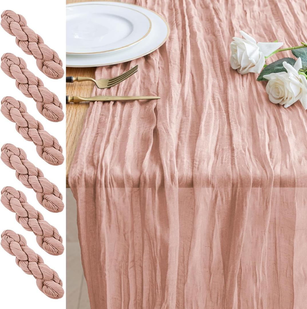 6PCS Table Runner Cheesecloth 10FT Dusty Pink Boho Gauze Cheese Cloth Rustic Sheer Table Runners for Wedding Bridal Baby Shower Party Decoration
