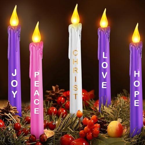 5 Pcs LED Flameless Advent Candle Set Christmas Advent Candles with Words Hope Peace Love Joy Christ Purple Pink White Taper Candles for Church Advent Wreath Rituals, 10 Inch (Melted with Words)