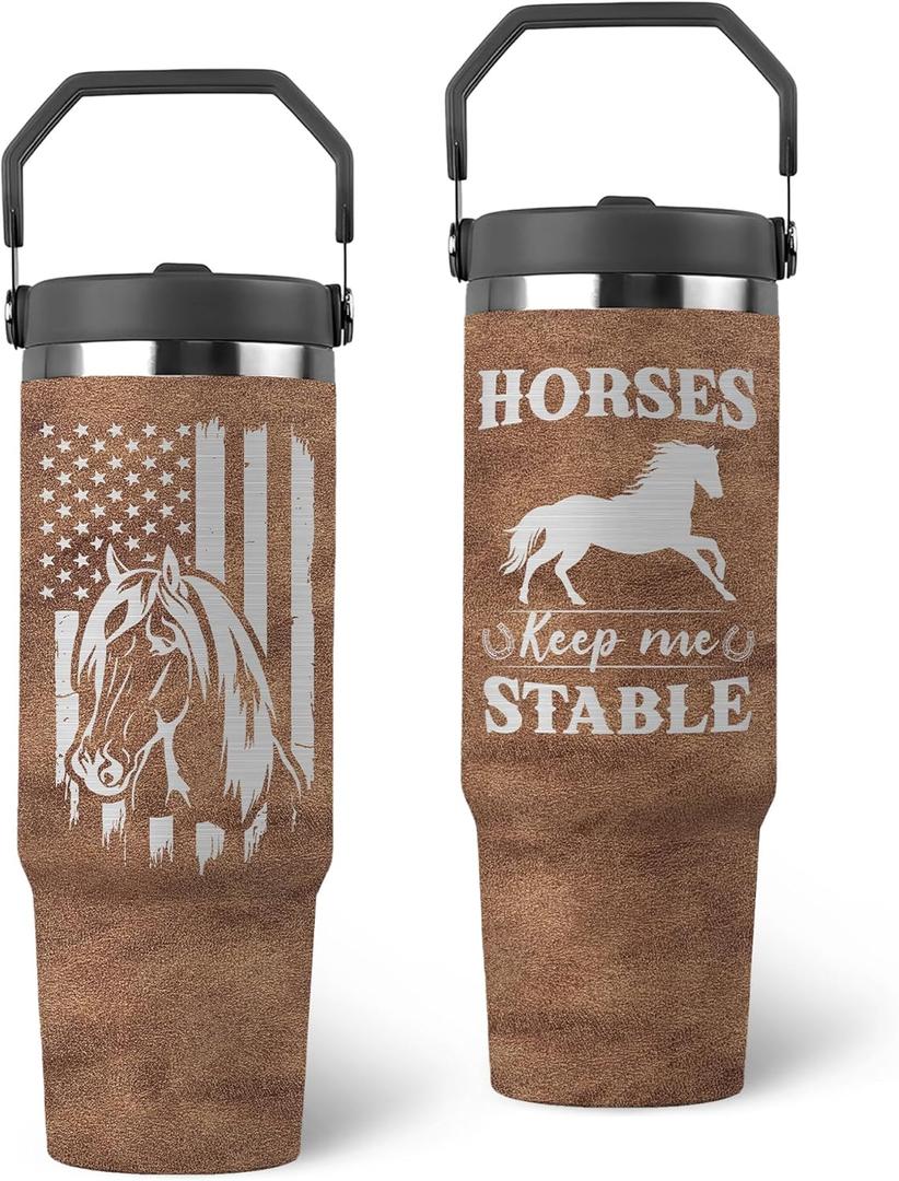 Horse Gifts - Horse Tumbler 30oz with Handle Lid – Equestrian Gifts – “Horses Keep Me Stable” Stainless Steel Travel Tumbler – Birthday & Mothers Fathers Day Gift for Horses Lovers