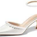 Coutgo Womens Pearl Kitten Heels Closed Pointed Toe Wedding Bride Dress Shoes Ankle Strap Satin Pumps, White, Size 7.5