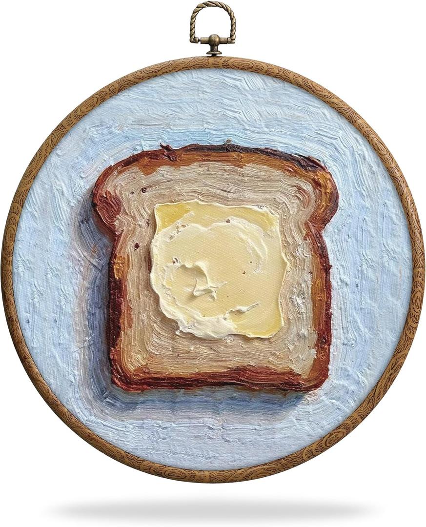 Homemade Bread Butter Round Frames for Art, Butter Toast Breakfast Still Life Boho Wall Hanging, Waterproof Western Rustic Country Decorations with Hook, for Home Bathroom Living Room Bedroom, 15