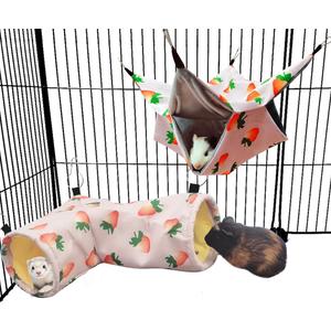 Large Caliber Guinea Pig & Rat Tunnel Hideout & Hammock, Corner Hideout Toy for Guinea Pig, Ferret, Hedgehog & Piggy to Hide and Shuttle (2. Hammock&Tunnel-Strawberry)