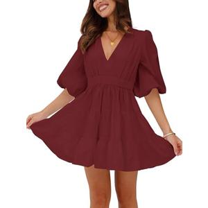 firfig Women's Casual Summer Dresses V Neck Half Sleeve Elastic Waist Flowy Tiered Short Mini Dress Size L