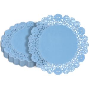 Pastry Tek 12 x 12 Inch Paper Lace Doilies, 100 Disposable Table Doilies - Elegant Lace Finish, Long Lasting, Sky Blue Paper Doily, for Pastries, Cupcakes, Desserts - Restaurant ware