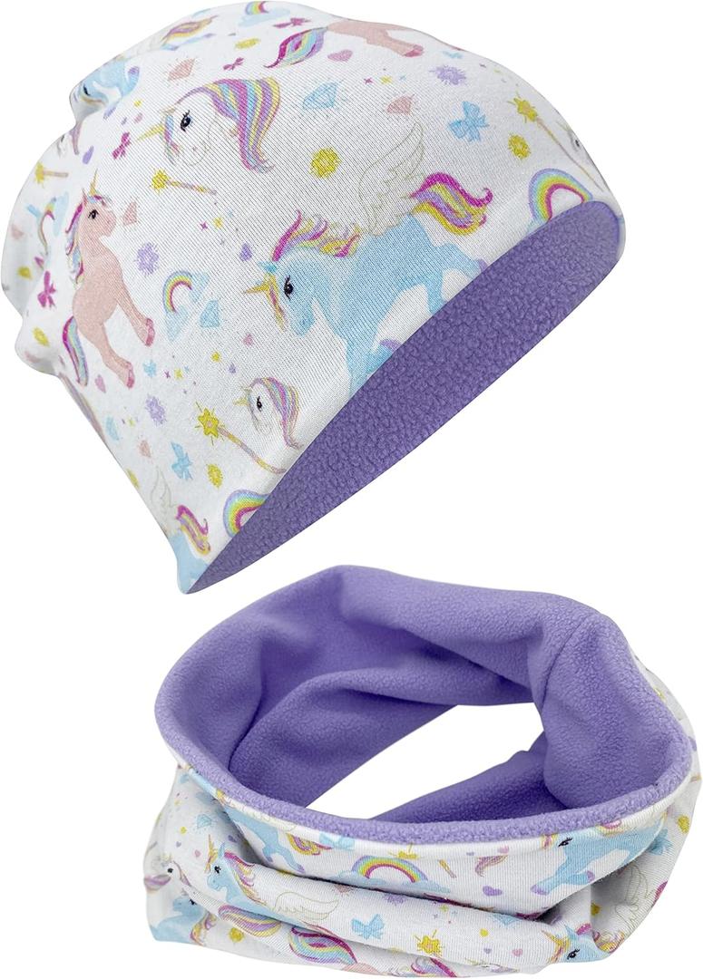 Unicorn Kids Girls Beanie Hat & Loop Scarf Set - with Fleece - 95% Cotton - Soft & Easy Care Stretch Material Unicorn Kids Girls Beanie Hat & Loop Scarf Set - with Fleece - 95% Cotton - Soft & Easy Care Stretch Material