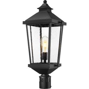 zeyu 360 Exterior Post Light Fixture, 25 Inch Dawn to Dusk Motion Sensor Light, 4 Lighting Modes, Die-Cast Aluminum with Seeded Glass Shade, Black Finish, ZW105P-M-SE BK