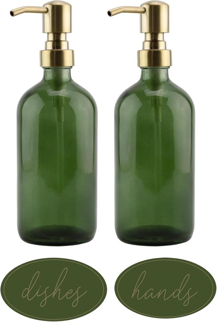 Darware Green Glass Soap Dispensers (2-Pack, Gold Metal Pumps, 16-Ounce); Decorative Pump Bottles for Kitchen and Bathroom
