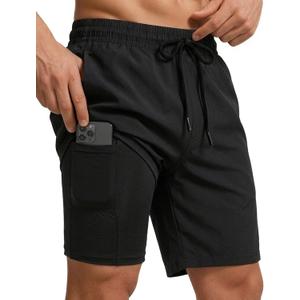 Buauty Mens Swim Trunks with Compression Liner 7 Inch Inseam Quick Dry Swim Shorts Mens Swimsuit Board Shorts with Pockets (Black, L)