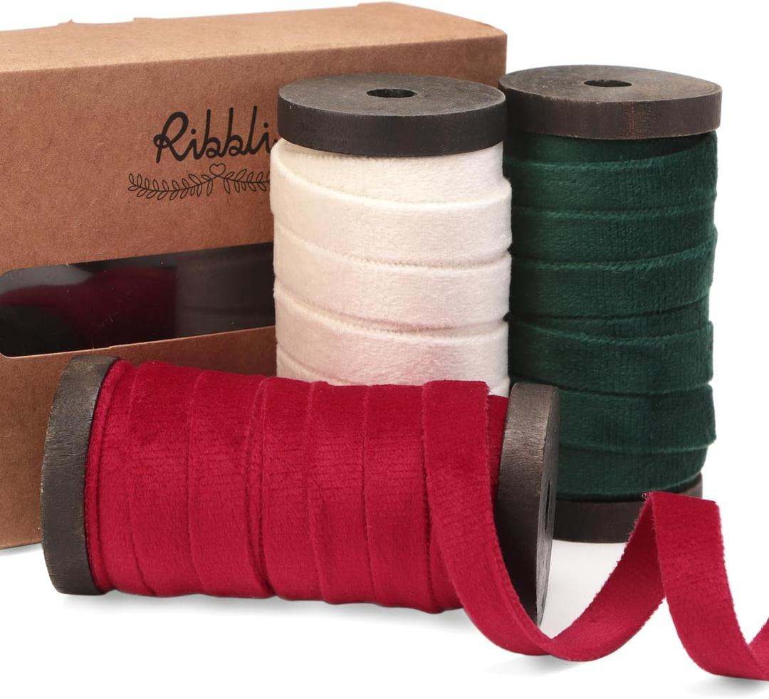 Ribbli Red White Green Velvet Ribbon 3 Rolls Double Faced 3/8 Inch 18-Yard with Wooden Spool Use for Christmas Tree Ornaments Gift Wrapping Wreath Decoration Wedding Boutonnieres