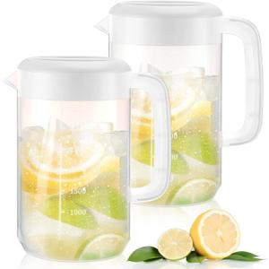 2Pcs Plastic Pitcher with Lid Large Clear Water Carafe Jug Ice Tea Pitcher Lemonade Juice Beverage Jar with Strainer Cover Handle Measurements for Hot Cold Coffee Drink (White,1 Gallon/4L)